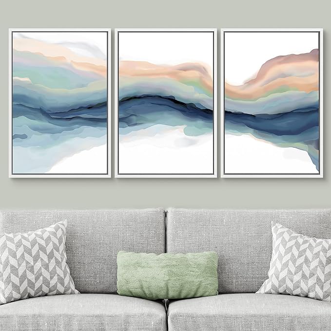 SIGNWIN Framed Canvas Print Wall Art Set Pastel Watercolor Teal Brown Paint Stroke Landscape Abstract Shapes Illustrations Modern Art Decorative for Living Room, Bedroom, Office - 24"x36"x3 White
