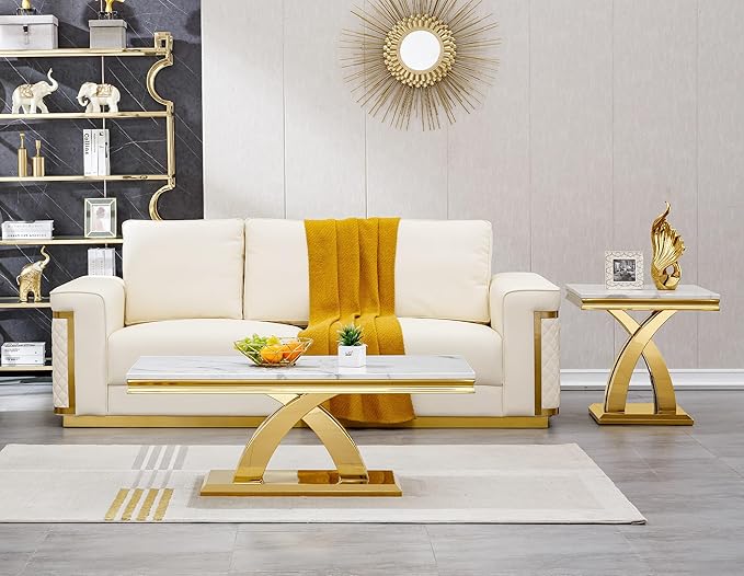 SSLine Rectangular Faux Marble Coffee Table for Living Room Modern Luxury White Marble Center Table with Gold Pedestal Base 46.8" Mid-Century Cocktail Table with Mirrored Stainless Steel Frame
