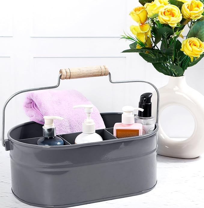 Alpha Living Home Silverware Caddy with Handle, Mulip-pose Organizer for Kitchen, Farmhouse Caddy Organizer - 4-Compartment Iron & Wood Handle Cutlery Holder, Office & Bathroom Storage, Grey