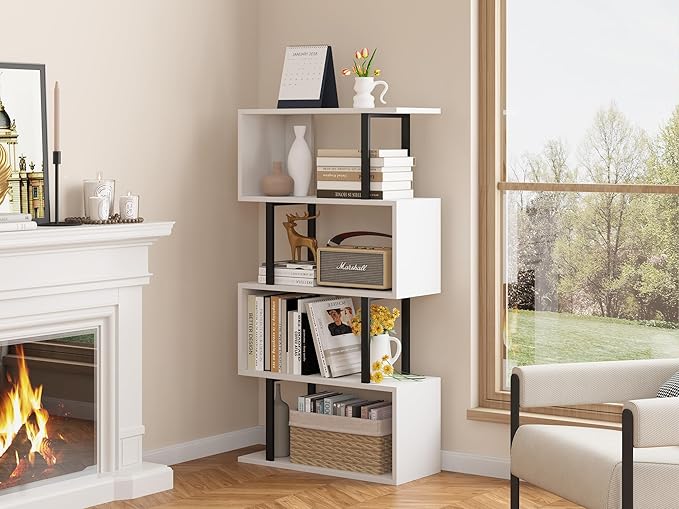 Yusong Geometric Bookcase, S Shaped Bookshelf 4-Tier Book Shelves for Bedroom, Modern Wood Decorative Display Shelf Tall Book Case for Home Office, Black and White
