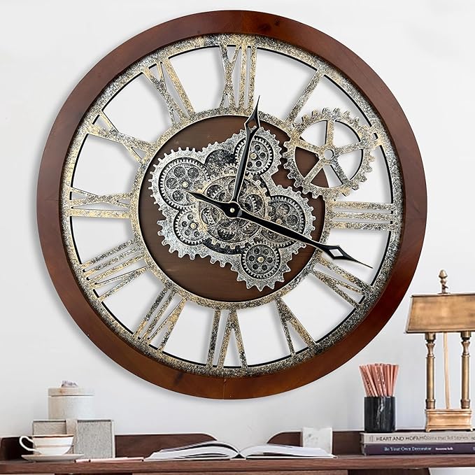 HOIBAI Farmhouse Vintage Industrial Oversized Wall Clock - 24 in (60cm) Moving Gear Wall Clock for Living Room Decor