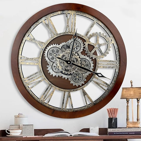 HOIBAI Farmhouse Vintage Industrial Oversized Wall Clock - 24 in (60cm) Moving Gear Wall Clock for Living Room Decor