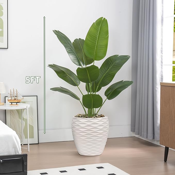 Artificial Bird of Paradise Plant 5FT Fake Palm Tree Feaux Plants in White Pot Artificial Tree Fake Plant for Indoor Outdoor Modern Decoration for Home Living Room Office