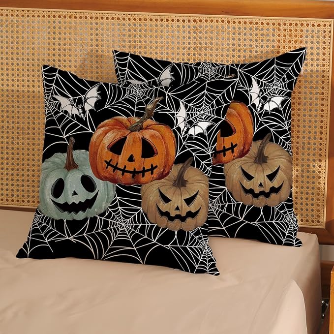 Halloween Decor Pillow Covers 18x18 Set of 2 Spider Web Orange Pumpkin Bat Black Decorative Throw Pillow Covers Outdoor Decoration Autumn Pumpkin Pillowcase Farmhouse Cushion Case for Home Sofa