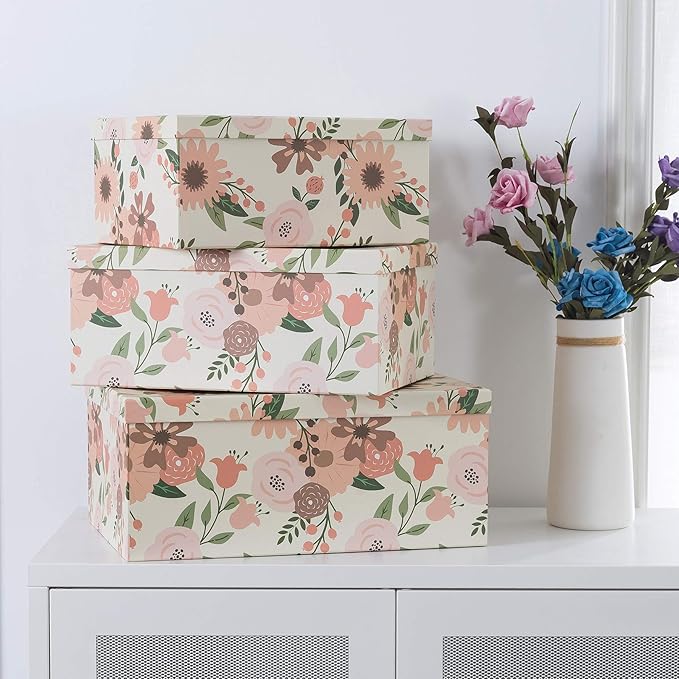 Soul & Lane Decorative Cardboard Storage Boxes with Lids for Home Decor and Organization, Set of 3 Large Keepsake Boxes for Memories & Gifts, Nesting Floral Photo Storage Containers, Peach Blossoms
