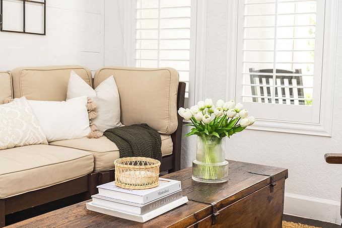 Tulip and Vase Ribbed Glass with 20 White Tulips Artificial Flowers Gift Set Fluted Clear Flower Short Vase and Fake Tulips Look Real Entryway Living Room Table Office Shelf Decor Faux High End Gift
