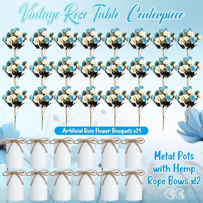 Domensi 12 Sets Wedding Centerpiece for Table Artificial Rose with Vase Fake Bouquets and Metal Pot Floral Arrangements for Holiday Party Event Table Decor (Teal)