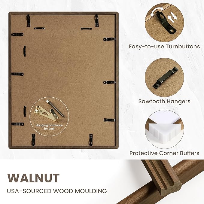 12x16 Picture Frame - Solid Walnut Wood Picture Frames with HD Tempered Glass, Handcrafted Rounded Corner 12 x 16 Wooden Frame Matted to 8.5x11 Photos, Horizontal or Vertical Wall Display, 1 Pack