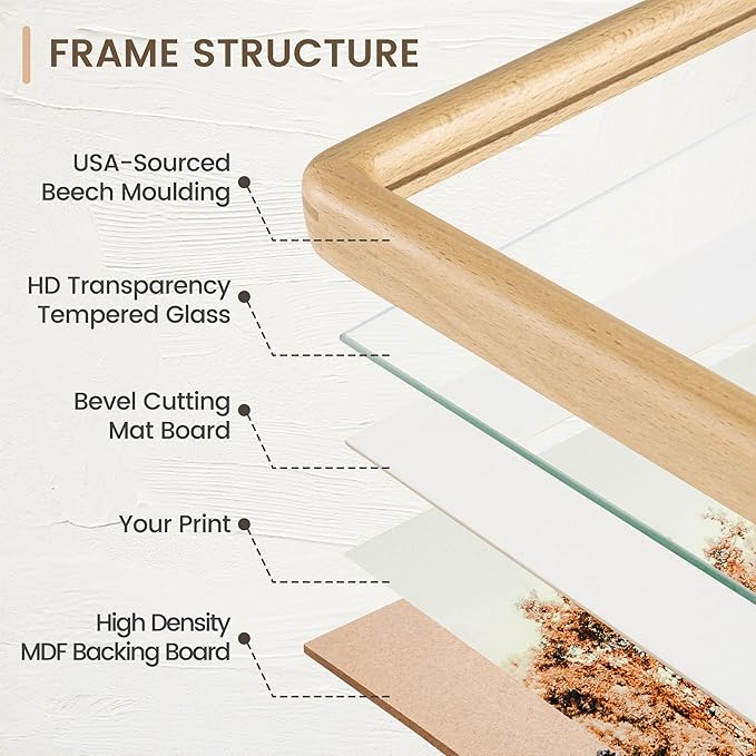 11x14 Picture Frame, Solid Beech Wood Frame with Real Glass, Hard Wood 11 by 14 Photo Frame for Wall & Tabletop Display, 11x14 Picture Frame Matted to 8x10, Natural Beech Color
