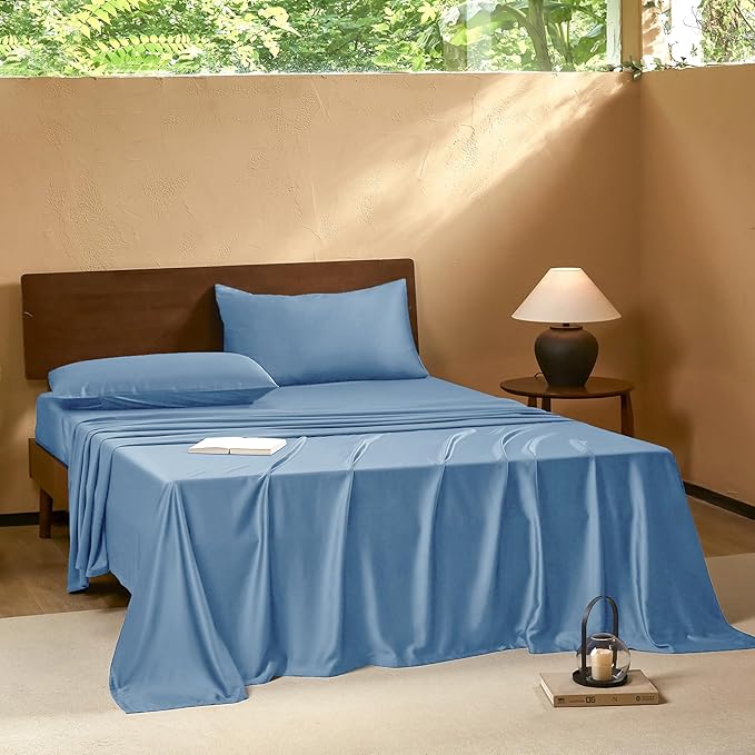 EVERLY Full Sheets Set,Luxuriously 400 Thread Count Organic Viscose Derived from Bamboo Bed Sheet,Cooling Sheets for Full Size 4 Piece Deep Pockets Bedding Sheets &Pillowcases-Sky Blue