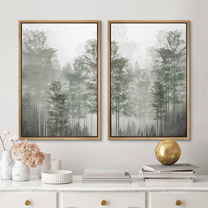 MUDECOR Framed Canvas Print Wall Art Pastel Watercolor Misty Fog Forest Tree Wilderness Nature Illustrations Modern Art Decorative Calm/Relax Multicolor Rustic Minimal for Bedroom - 16"x24"x2 Natural