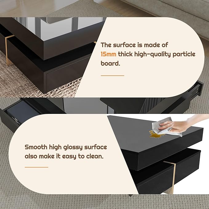 Modern Coffee Table with Storage, Contemporary Square Coffee Table with Drawers, High Gloss Modern Center Table for Living Room, Reception Room, Office, Black, 31" D X 31" W X 11" H