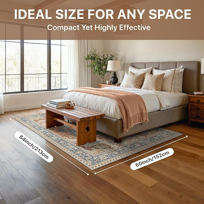 GENIMO 5X7 Area Rugs for Living Room, Machine Washable Vintage Floor Cover Foldable Modern Non Slip Rug, Low Pile Soft Indoor Carpet Floral Print Mat Rug,Bedroom/Dining Room/Home Office,Terracotta