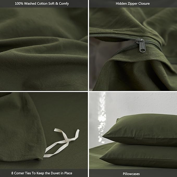 MooMee Queen Duvet Cover Set, 100% Washed Cotton Linen Like Twill Thick Sturdy Material Super Soft Breathable Durable Bedding for All Season, 3 Pieces (Olive Green, Queen 90"x90")