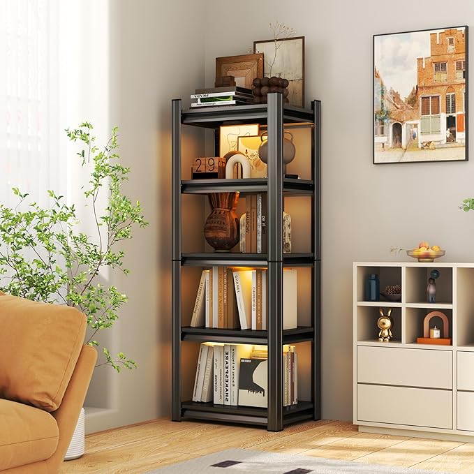 Tall Bookshelf with Open Shelves, Metal Office Book Shelf, Adjustable Organizer Bookcase, Standing Storage Organizer Shelf for Living Room (5tier 20" W*14" D*54" H)