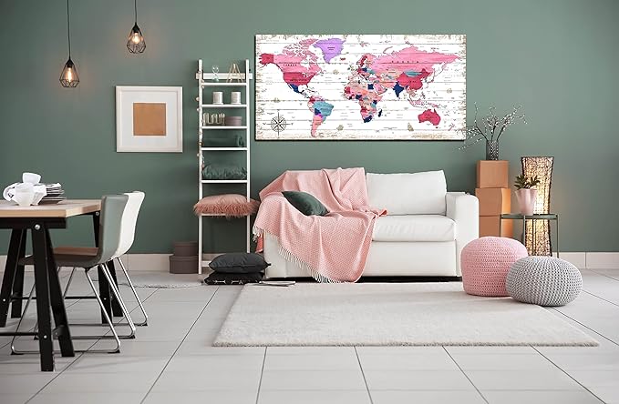 ZHAOSHOP Large World Map Canvas Wall-Art - Wall Decor for Girls Bedroom - Pink Pictures Wall Decor Ready to Hang Size 59" x 29"