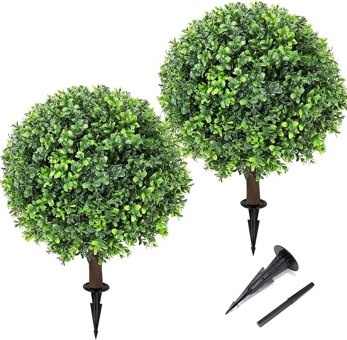 Artificial Boxwood Topiary Ball Tree 24" with Ground Spike, Set of 2 Artificial Boxwood Bushes for Faux Shrubs, Fake Evergreen Faux Plant for Indoor Outdoor Porch Garden- UV Resistant – Fade-Proof