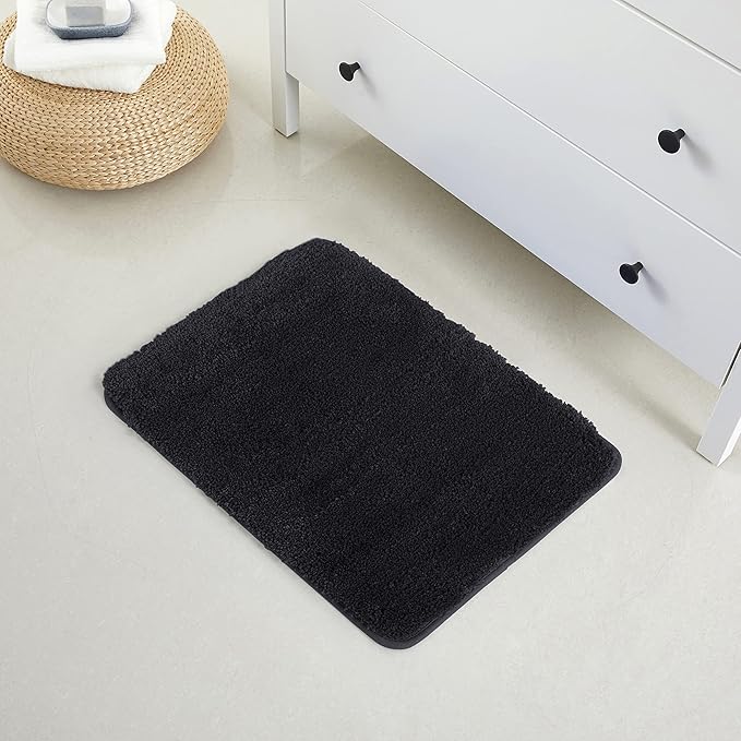 YHF Bathroom Rugs 17" X 24", Extra Thick & Soft Microfiber Shaggy, Machine Washable Bath Mats, Absorbent Bath Rugs, Non-Slip Rubber Backing Bath Mat for Bathroom Floor, Tub and Shower, Black