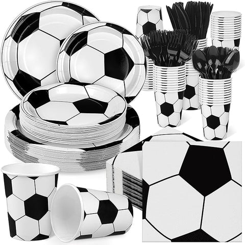 400 Pieces Soccer Disposable Party Tableware Sets Including Plates Cups Napkins Cutlery Serves 50 for Soccer Games Sports Birthday Party Decorations