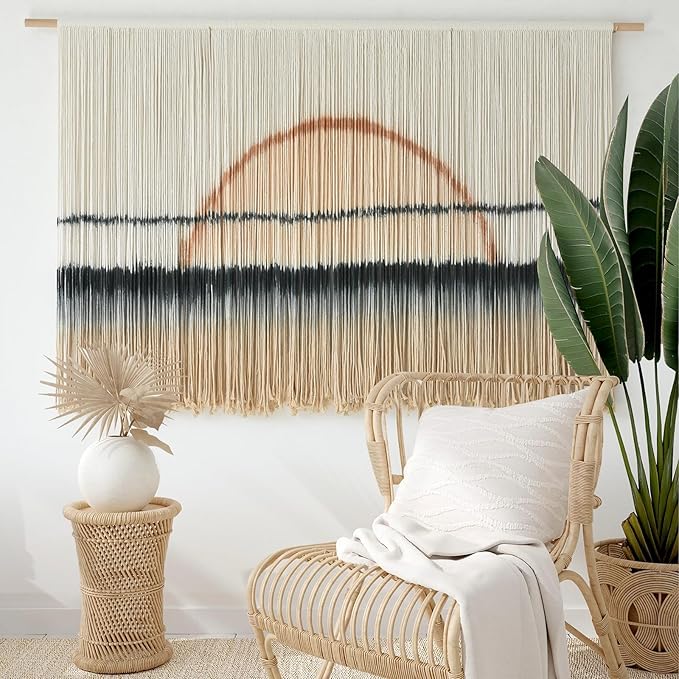 Macrame Wall Hanging Large Sunset Dip Dye Boho Tapestry Handmade Woven Cotton Wall Art for Bedroom, Living Room, Above Bed Neutral Modern Minimalist Decor 57" Wx35" L