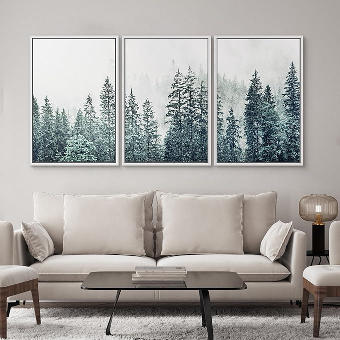 SIGNWIN Framed Canvas Print Wall Art Woodland Nursery Decor Set Film Grain Misty Mountain Pine Trees Nature Wilderness Modern Art Chic Landscape for Living Room, Bedroom, Office - 16"x24"x3 White