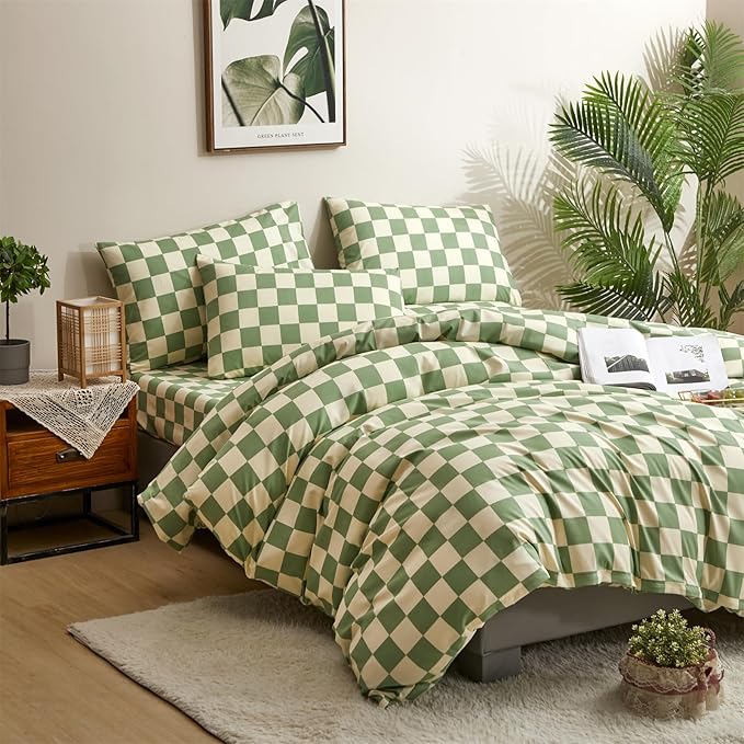 CLOTHKNOW Green White Plaid Comforter Sets Full Grid Bedding Comforter Sets Soft Checker Geometric Comforter with 2 Pillow Cases