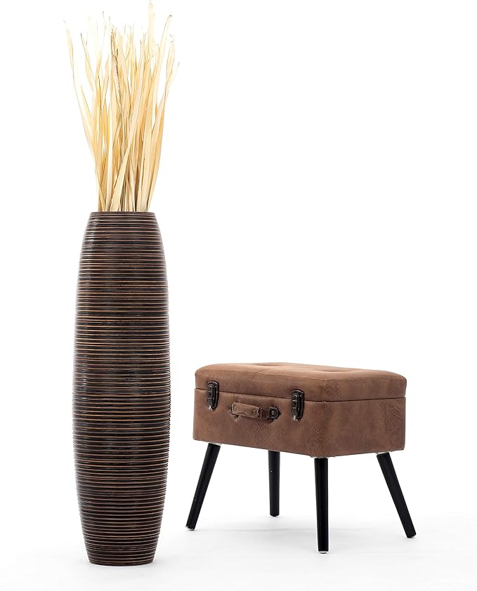 Leewadee Large Brown Home Decor Floor Vase – Wooden 34 inches Tall Farmhouse Decor Flower Holder for Fake Plant and Pampas Grass