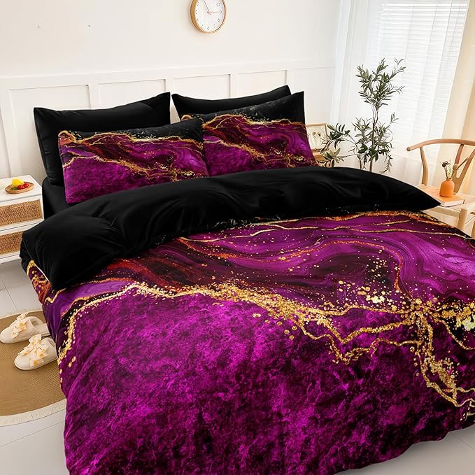 Black Gold Comforter Set 8 Pcs Hot Pink Marble Bedding Set Queen Size Bed in A Bag Purple and Black Marble Stone Texture Abstract Room Decor Black Marble Bed Comforter