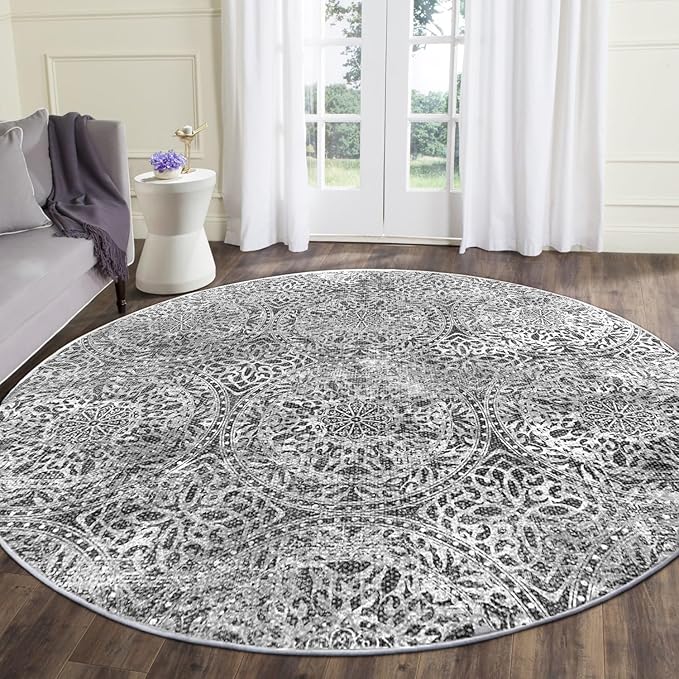 vivorug Round Rug 4ft Vintage-Inspired Round Area Rug Non-Slip Indoor Carpet for Living Room Bedroom Entryway, Stain Resistant Home Decor Circle Rug, Grey Medallion