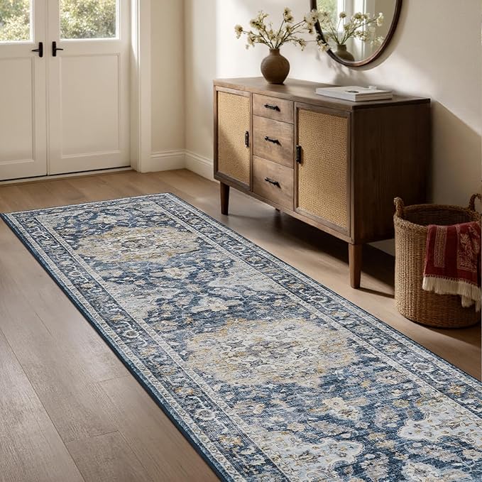 PADOOR-Vintage Runner Rug 2X10 Runners for Hallways-Soft Blue Washable Bedside Rugs for Bedroom-Non Slip Long Rug for Hallways Entryway Laundry Room Stair Kitchen Bathroom