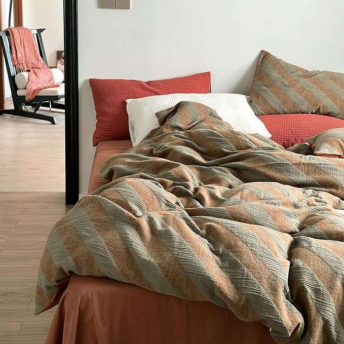 VM VOUGEMARKET Green Striped Duvet Cover Queen Linen Cotton Bedding Set Jacquard Brown Diagonal Stripes Duvet Cover Set Without Filling 90x90 Inch