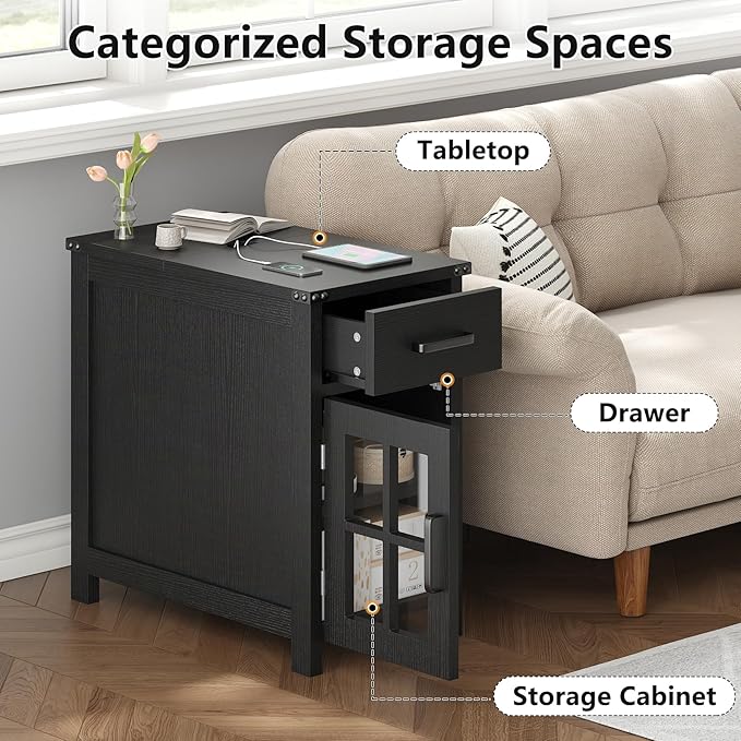Farmhouse End Table with Charging Station and 1 Storage Cabinet, 1 Drawer, Black Wood Nightstand Narrow, Skinny Side Table, Slim Bedside Table, Small Nightstand for Bedroom, Living Room, Sofa