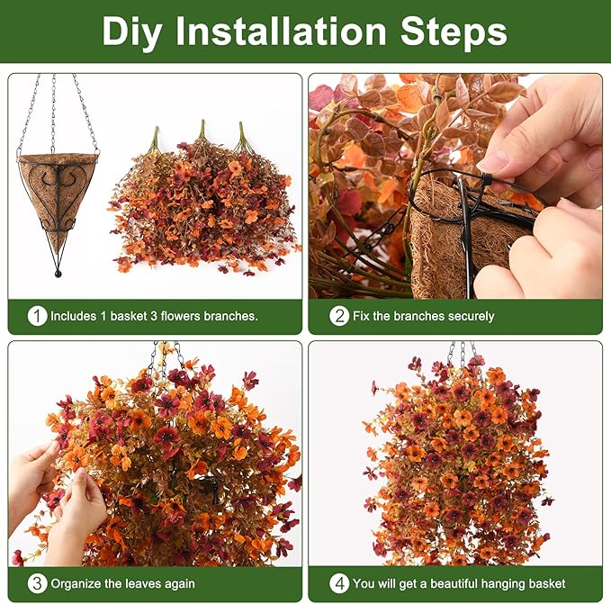 Artificial Fsll Faux Hanging Flowers Plants Basket for Outdoor Decoration,Fake Silk Orange Mums planters UV Resistant Look Real for Home Porch Patio Yard Outside Autumn Decor (Yellow Orange)