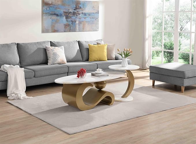 2 Piece Living Room Set, Modern Nest Coffee Table Set of 2, Faux Marble Tabletop Oval Coffee and End Table Set with Gold Iron Geometric Base