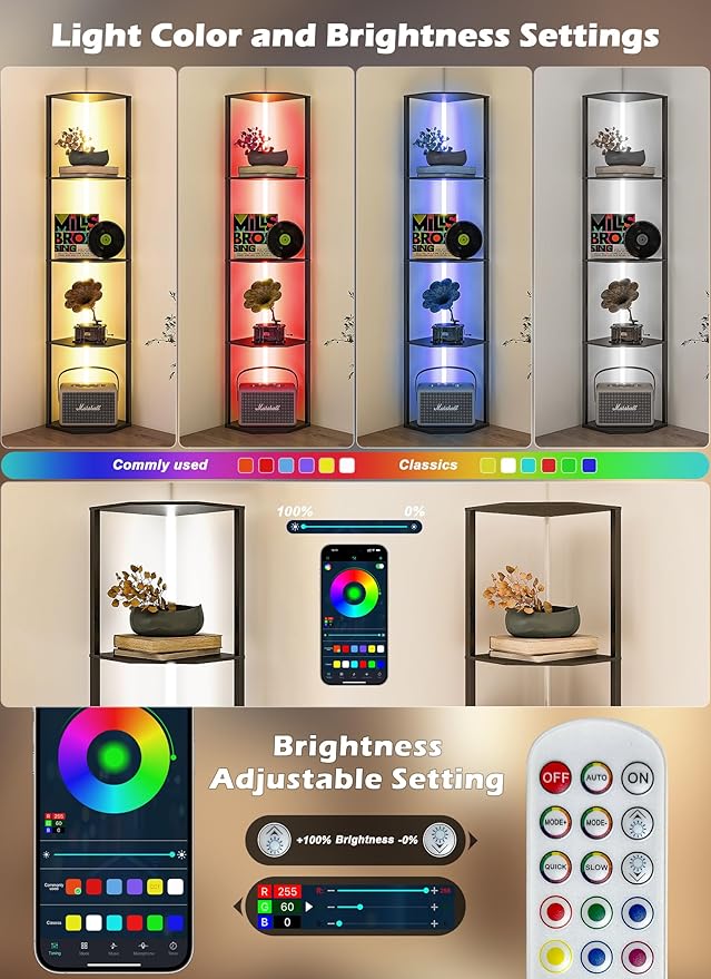 Smart Corner Shelf with Light 5-Tier Display Shelf & Floor Lamp w/ APP & Remote Control RGB LED Display Curio Case for Collectibles Dimmable Space-Saving Corner Shelves for Living Room Bedroom Decor