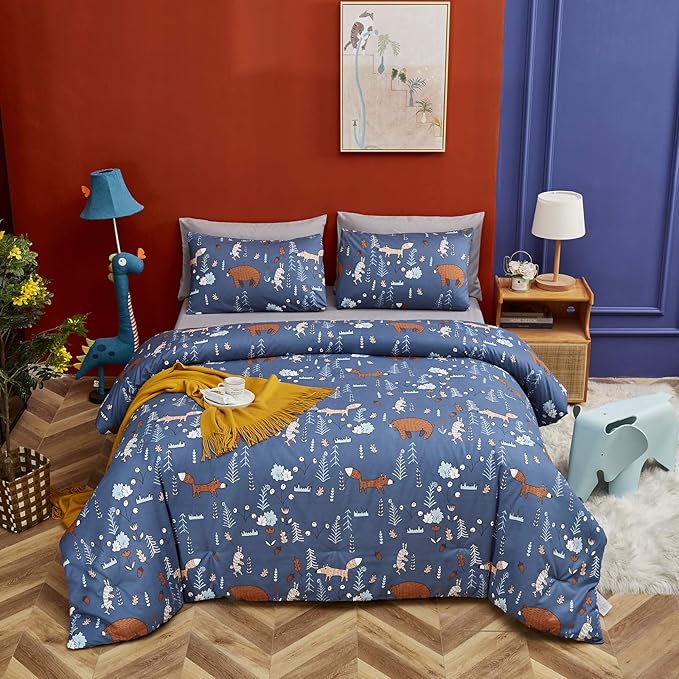 CLOTHKNOW Kids Comforter Sets Twin/Twin XL Blue Animal Woodland Bedding Comforter Sets Cartoon Forest Fox Rabbit Comforter with 2 x Pillow Cases