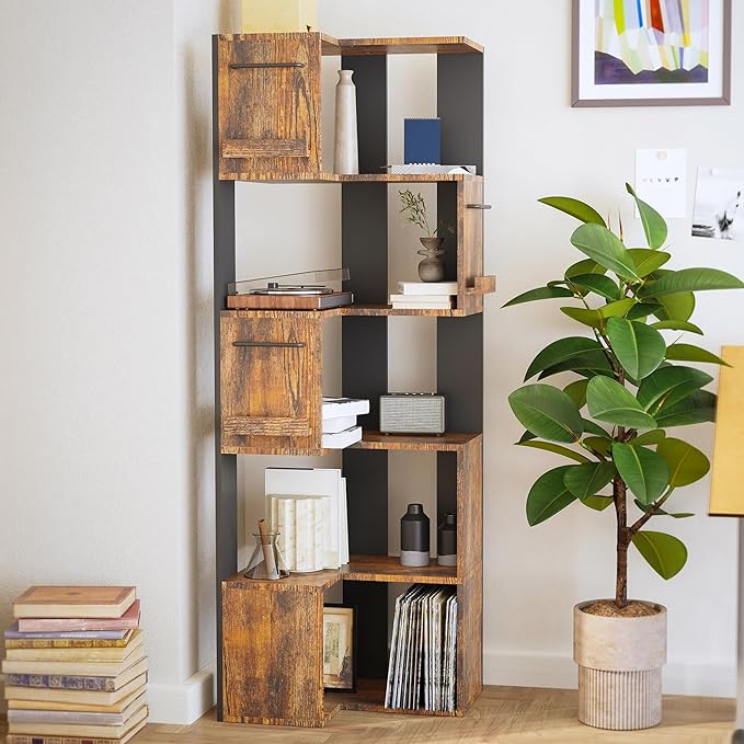 PPAMAPIC 5 Tier Corner Bookshelf, 63" Tall L Shaped Bookcase, Corner Cabinet, Wood Grain Shelf Display Rack for Kitchen, Bedroom, Living Room (Brown)
