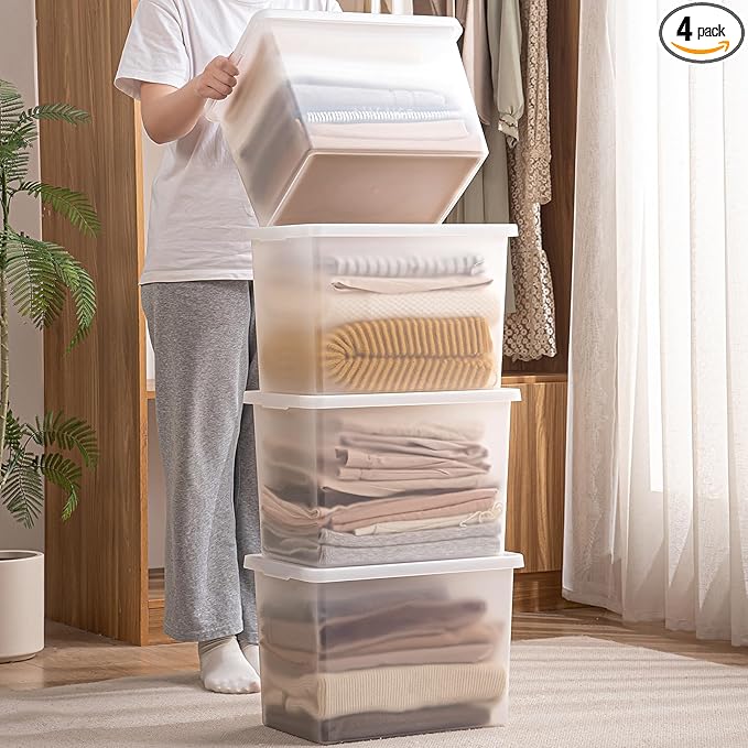 Stackable Plastic Storage Bins with Lids,Container to Organize Shoes and Crafts on Closet Shelves,Garage, Totes, Tubs Boxes Organizing 4 Pack (4XL)