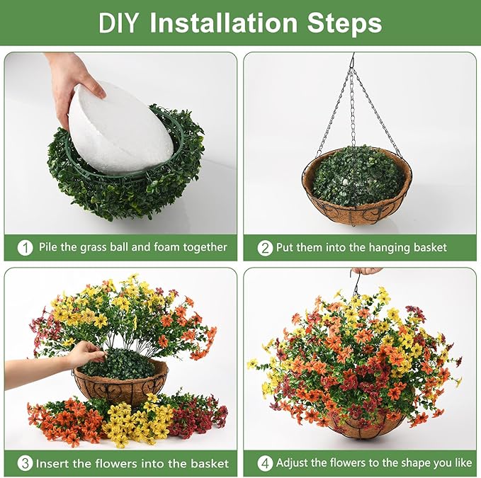 Artificial Flowers Hanging Basket Plants, Fake Mums Fall Decorations for Outdoor, Faux Silk Flower UV Resistant Autumn Decor for Outside Garden Patio Front Porch Balcony Window (Orange Brown Yellow)