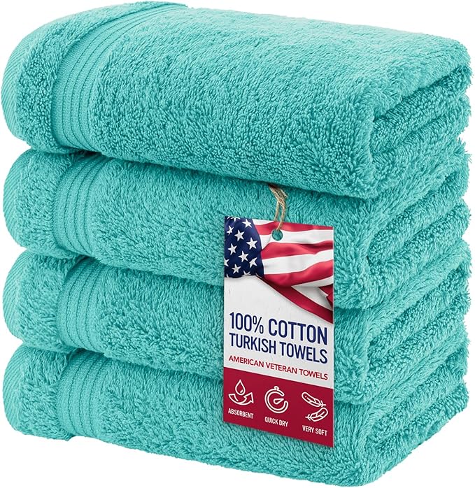 American Veteran Towel, Hand Towels for Bathroom Set of 4, 100% Cotton Turkish Hand Towel Sets Clearance Prime, Soft Drying Hand Face Towels, Turquoise Blue Hand Towels