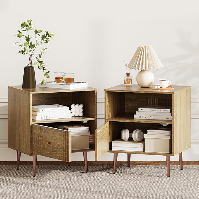 Wood Night Stand Set 2,Modern Bedside Table with Door and Open Storage,Fluted Nightstand and Wood End Side Table with Rose Gold Metal Legs and Handles for Bedroom,Living Room,Natural