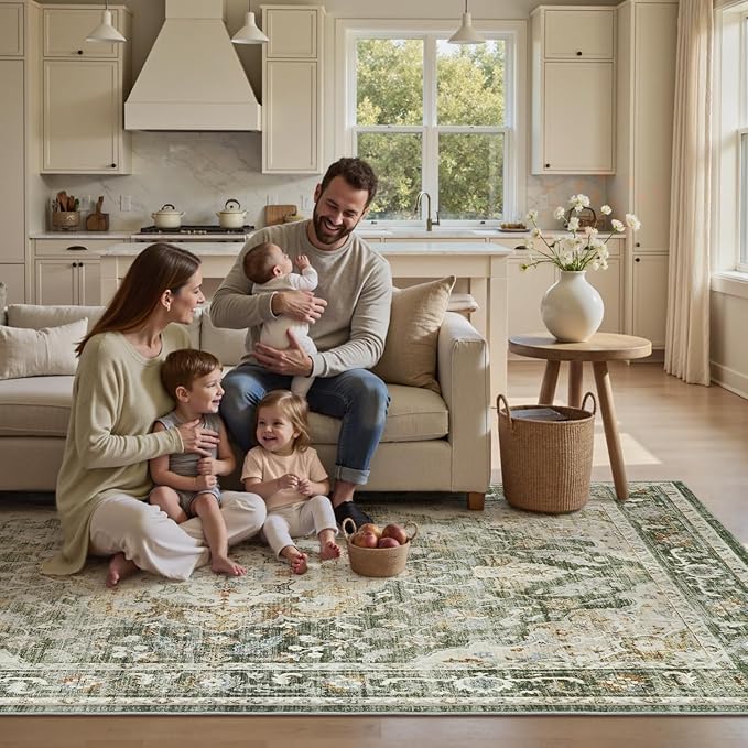 PADOOR-Vintage Area Rug 6X9 Rugs for Living Room-Soft Olive Green Rugs for Bedroom-Machine Washable Rugs Non Slip Carpet-Rug for Dining Room Living Room Bedside Office