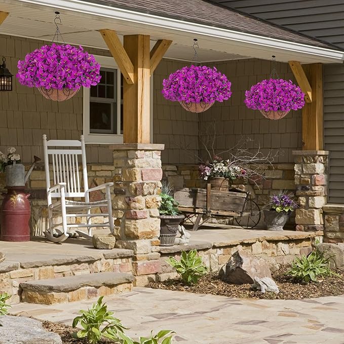Artificial Fake Hanging Flowers Plants Basket for Outdoors Decoration, Faux Silk Bougainvillea Flowers in Planter Look Real UV Resistant Faux Flower for Outside Porch Patio Garden Home Decor, Purple
