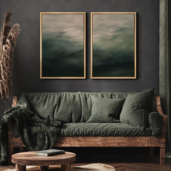 MUDECOR Framed Canvas Print Wall Art Dark Green Abstract Misty Landscape Moody Illustrations Modern Art Decorative Chic for Living Room, Bedroom, Office - 24"x36"x2 Natural