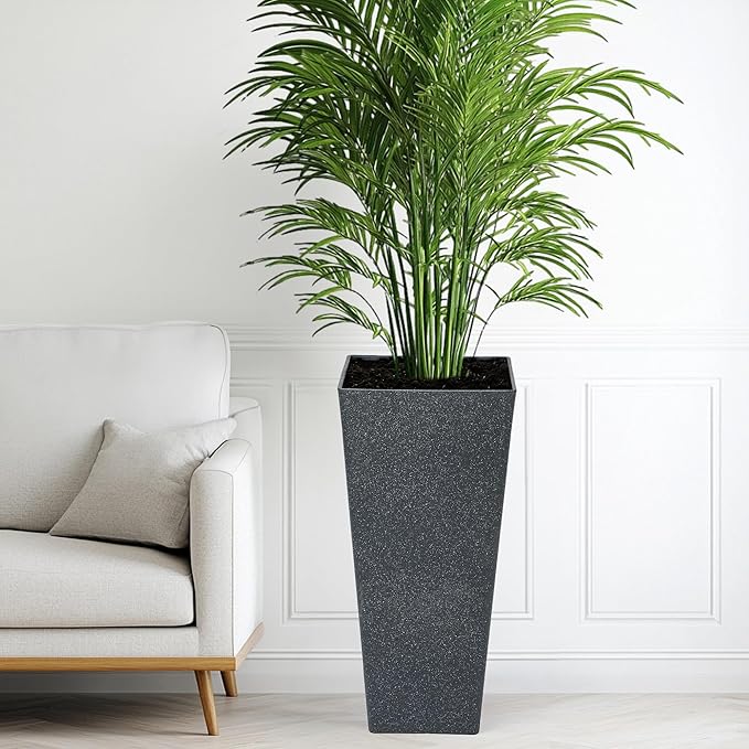 28" Tall V-Shaped Planters Set of 2, Oversized Plastic Flower Pots for Garden Patio Porch or Indoor Home Decor, Weather-Resistant Outdoor Planter Boxes, Hand-Painted Black Terrazzo-Look