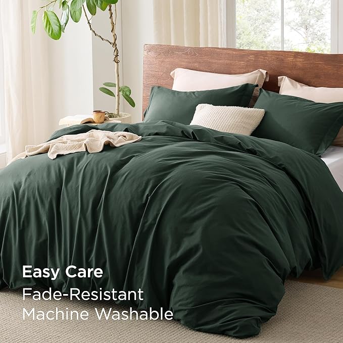Bedsure 100% Washed Cotton Duvet Cover King Size - Forest Green Minimalist Cotton Duvet Cover Linen Like for All Seasons - GentleSoft™ Plain Simple Bedding, 3 Pieces (Forest Green, King, 104"x90")