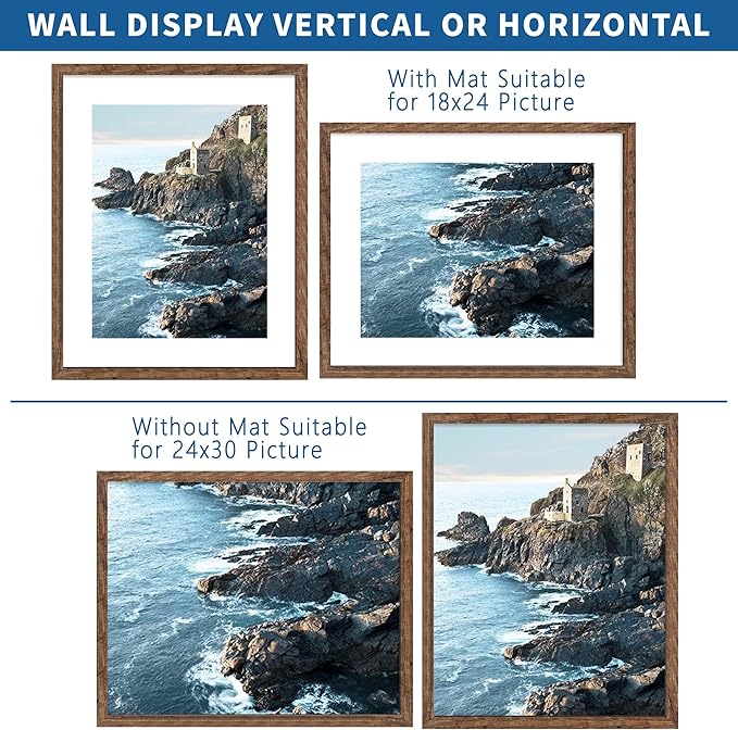 24x30 Frame Set of 2, Rustic Brown Wood Style - Display 18x24 Picture Frame with Mat or 24 x 30 Poster without Mat, Wall Mounting Horizontal and Vertical
