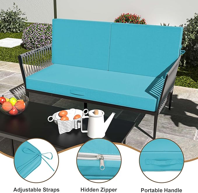 Outdoor Loveseat Cushion Set 46 x 26 Inch, Waterproof & Fade-Resistant Deep Seat Patio Cushions with Removable Cover, Ties & Hidden Zipper, Patio Love Seat Sofa Cushions for Sofa Bench Couch,Lake Blue