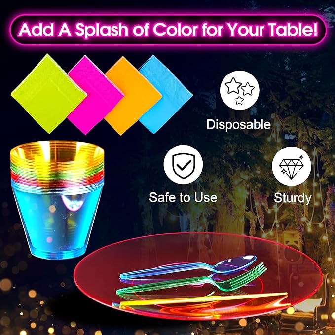 168 PCS Neon Party Supplies Serves 24 Including 7.5 & 10.25 In Disposable Plastic Neon Plates 9 Oz Cups Cutlery Napkins Tableware Set Dessert Cake Plates for Blacklight Party Birthday