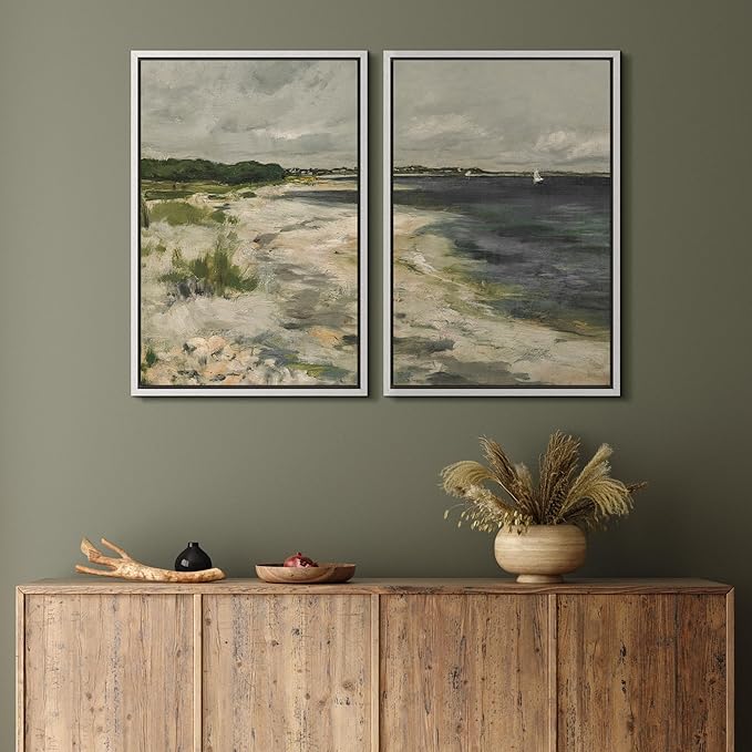 MUDECOR Framed Canvas Print Wall Art Coastal Shoreline with Lush Dunes Serene Beach Landscape Nature Wilderness Illustrations Realism Decorative for Living Room, Bedroom, Office - 16"x24"x2 White